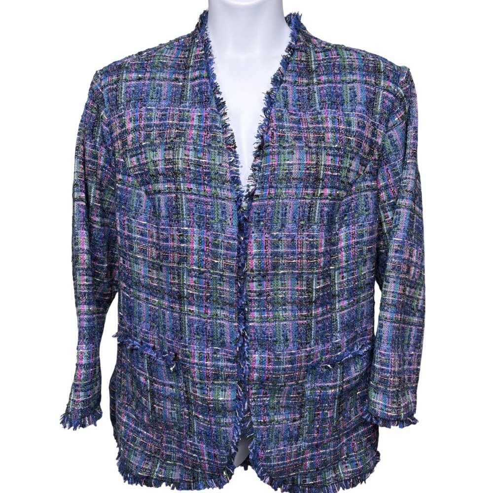 SUSAN GRAVER Womens Blue Plaid Tweed Fringed Open Front Blazer 3X Old Money Chic